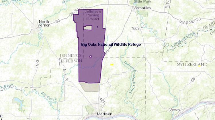 The Indiana Department of Natural Resources believes the bear hibernated in the Big Oaks National Wildlife Refuge, outlined here in purple. - U.S. Fish & Wildlife Service