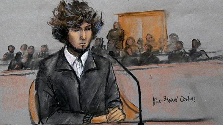 In this Thursday, Dec. 18, 2014 courtroom sketch, Boston Marathon bombing suspect Dzhokhar Tsarnaev sits in federal court in Boston for a final hearing before his trial begins in January. On Friday, May 15, 2015, Dzhokhar Tsarnaev was sentenced to death by lethal injection for the 2013 Boston Marathon terror attack.  - Jane Flavell Collins via AP, File