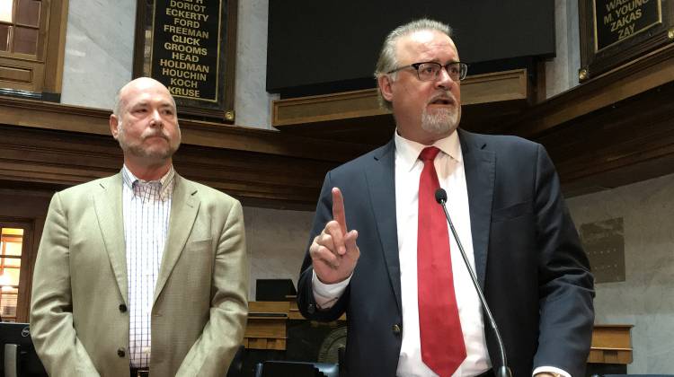 Speaker Brian Bosma (R-Indianapolis), left, and Senate President Pro Tem David Long (R-Fort Wayne) discuss the details of the 2018 special session. - Brandon Smith/IPB News