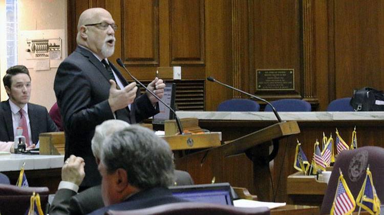 Rep. Tim Brown, R-Crawfordsville, urging the House to vote against an amendment that would give companies a property tax bill if they decide to move out of Indiana. - Jasmine Otam/TheStatehouseFile.com