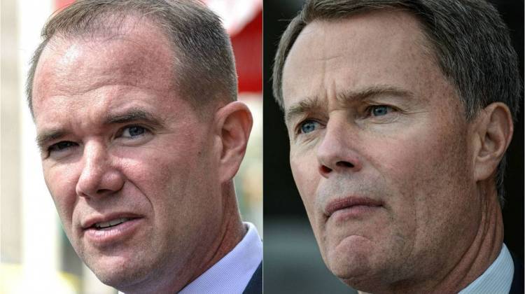 Republican Chuck Brewer, left, and Democrat Joe Hogsett, right, the candidates for Indianapolis mayor. (File photos) - Ryan Delaney/WFYI