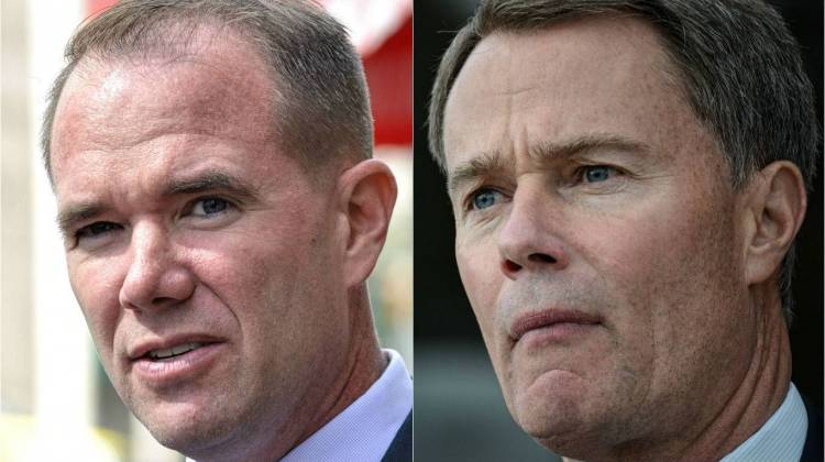 Republican Chuck Brewer, left, and Democrat Joe Hogsett, right, the candidates for Indianapolis mayor. - Ryan Delaney/WFYI