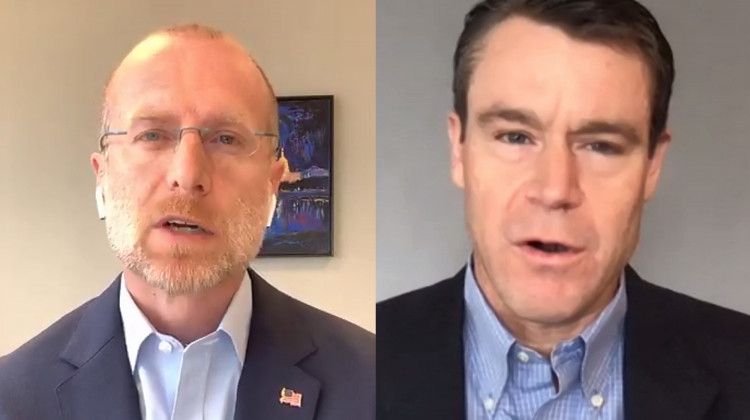 FCC Commissioner Brendan Carr, left, and U.S. Sen. Todd Young (R-Ind.) hold a video press conference to discuss expanded telehealth funding in the federal CARES Act.  - Screenshot of Zoom call