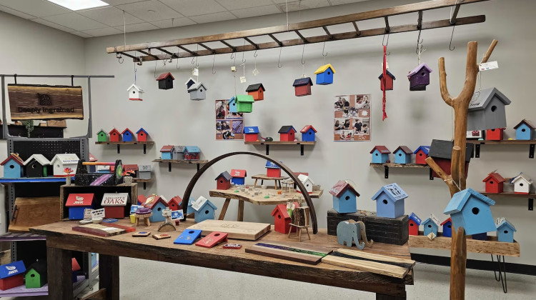 Birdhouses in the woodshop of James Whitcomb Riley Success Academy in Perry Township Schools.  - Aleksandra Appleton / Chalkbeat Indiana