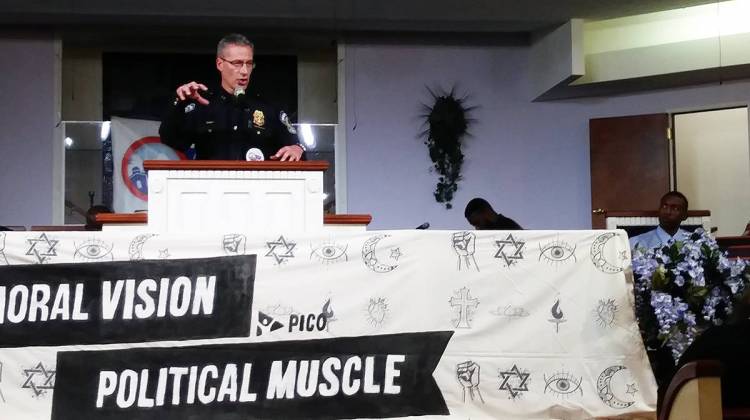 IMPD Chief Bryan Roach addresses the crowd at Friendship Missionary Baptist in Indianapolis. - Lauren Chapman, WFYI News.