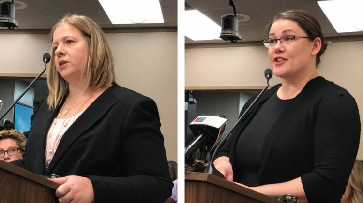 Indiana OB-GYNs Christina Francis (left) and Katherine McHugh (right) testify on a bill mandating providers tell patients that medication-induced abortions can be reversed. - Brandon Smith/IPB