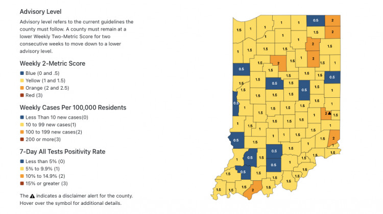 The state Department of Health’s weekly tracking map updated Wednesday labels no counties in the highest-risk red category for the first time since late September. - Indiana Department of Health