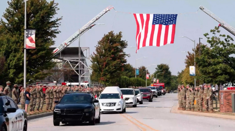 The military procession for Marine Corps Cpl. Humberto Sanchez leaves Grissom Air Reserve Base on Sunday Sept. 12, 2021. The procession traveled about 20 miles to Logansport. - Tech. Sgt. Joshua Weaver/434th Air Refueling Wing Public Affairs