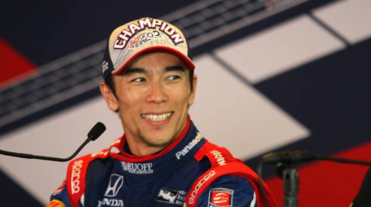Takuma Sato speaks with the media after winning the 101st Indianapolis 500 on Sunday, May 28, 2017 at the Indianapolis Motor Speedway. - Doug Jaggers/WFYI