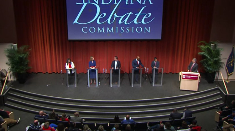 Five of Indiana's six Republican gubernatorial candidates were on stage for the primary's final debate on April 23, 2024. U.S. Sen. Mike Braun did not attend in order to vote on a foreign aid bill in Washington, D.C.  - Screenshot of Indiana Debate Commission livestream
