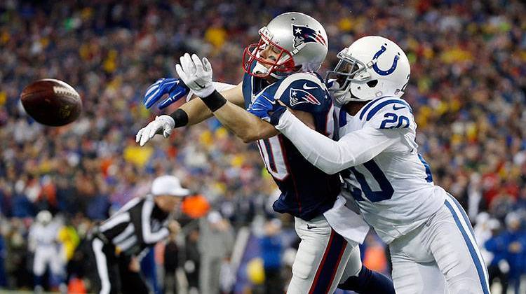 New England Patriots wide receiver Danny Amendola cannot catch a pass while being defended by Indianapolis Colts cornerback Darius Butler (20) during theAFC Championship game Jan. 18 in Foxborough, Mass. -  AP Photo/Elise Amendola