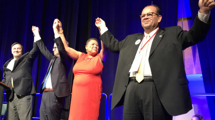 Indiana Democrats running statewide in 2018: from left, Sen. Joe Donnelly (D-Ind.), Secretary of State candidate Jim Harper, State Auditor candidate Joselyn Whitticker, and State Treasurer candidate John Aguilera. - Brandon Smith/IPB News