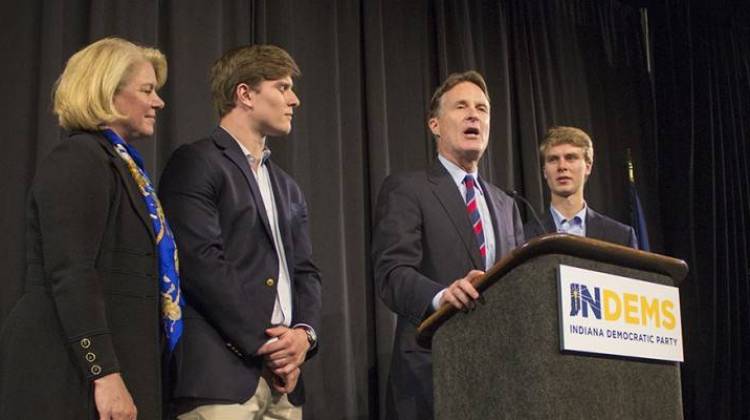 Evan Bayh talks to supporters Tuesday night. - IPBS-RJC
