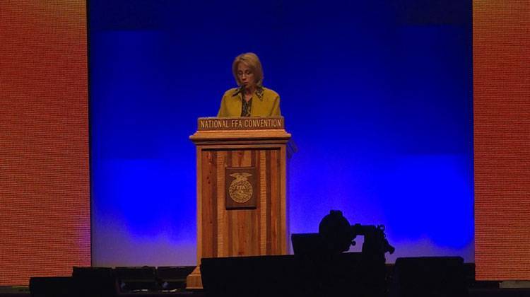 DeVos spoke to thousands of students at the National FFA convention in Indianapolis on Friday, Oct. 27. - James Vavrek/WTIU