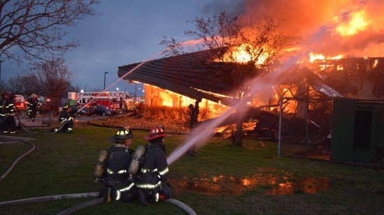 Firefighters battle a three-alarm blaze at a southwest Indianapolis Denny's Sunday evening. - IFD/provided photo