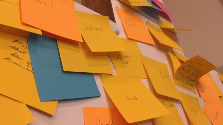 Post-its at the Delphi United Methodist Church are a testament to a community's grief and disbelief. - Azra Ceylon/WBAA