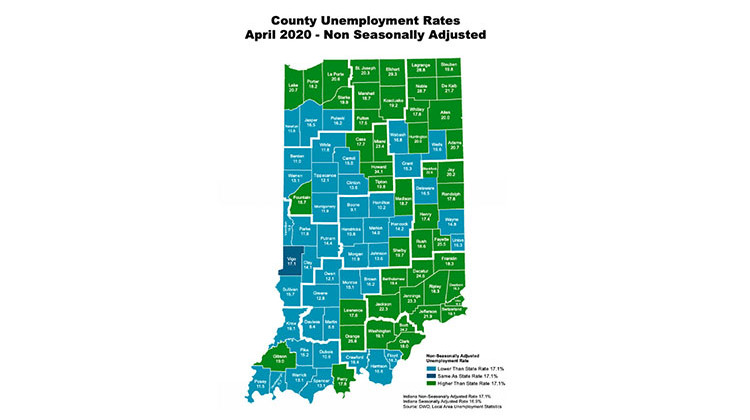 Unemployment rates for Indiana counties in April 2020. -  Courtesy Department of Workforce Development
