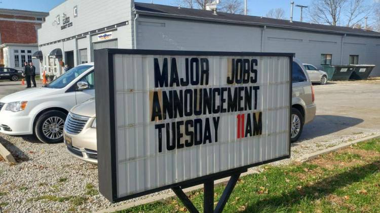 A sign heralded a new employer's arrival in the small Carroll County town of Camden last fall. - Annie Ropeik/IPB file photo