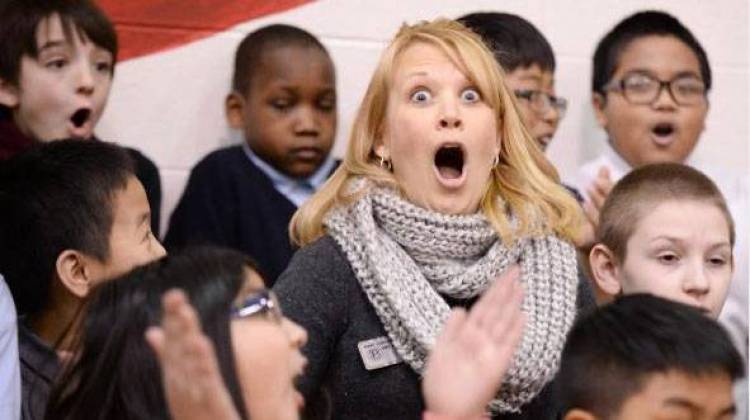 Southport Elementrary teacher Kelly Wilber reacts to the surprise announcement that she was a Milken Educator Award winner. - Photo courtesy Milken Family Foundation