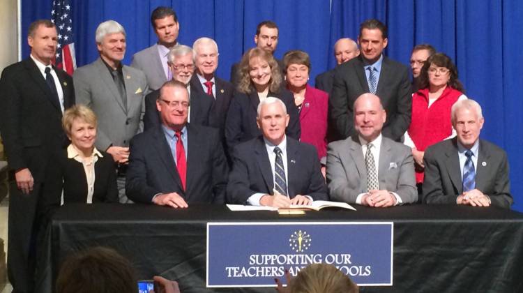 Governor Pence Thursday signed two bills that curb negative consequences for teachers and schools from last yearâ€™s low ISTEP+ scores. - Indiana Governor's Office