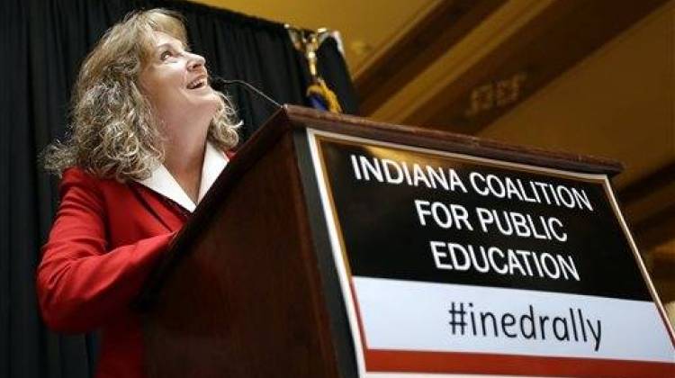 Indiana Superintendent of Public Instruction Glenda Ritz addresses a rally at the Statehouse Monday. - The Associated Press