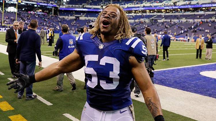 FILE - In this Nov. 20, 2016 file photo, Indianapolis Colts linebacker Edwin Jackson (53) walks off the field following an NFL football game against the Tennessee Titans in Indianapolis. Jackson, 26, was one of two men killed when a suspected drunken driver struck them as they stood outside their car along a highway in Indianapolis.  - AP Photo/Darron Cummings, File