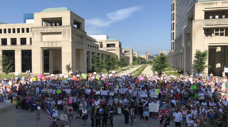 Hundreds gathered outside the Indiana Statehouse to protest the Trump administration's immigration policies. - Brandon Smith/IPB News