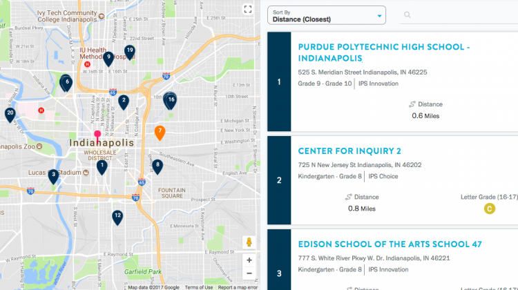 Screen shot of the "school finder" function on the Enroll Indy website. - Enroll Indy