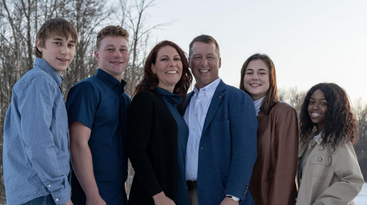 Eric Doden (center, with his family) became the first Republican to formally announce a bid for governor in 2024.  - dodenforindiana.com