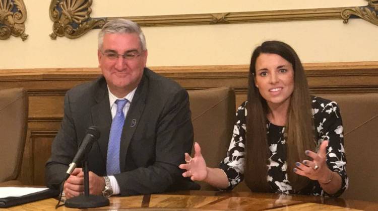 Gov. Eric Holcomb, left, announced the creation of a new cabinet position, naming LaPorte Mayor Blair Milo, right, as the state's first Secretary of Career Connections and Talent. - Brandon Smith/IPB