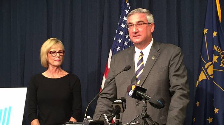 Lt. Gov. Eric Holcomb at announces that Indiana closed fiscal year 2016 with $2.4 billion in budget reserves, as State Auditor Suzanne Crouch looks on. - Brandon Smith/IPBS