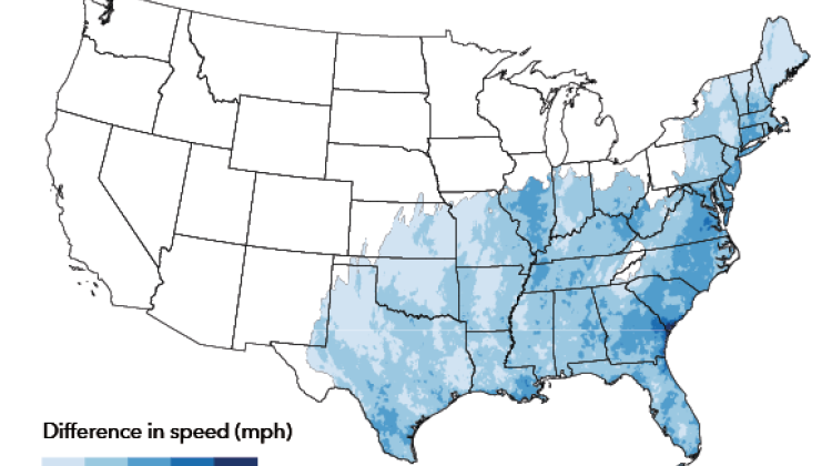 This map shows roughly how much maximum wind speeds are expected to increase from tropical storms and hurricanes in the next 50 years. - Provided by First Street Foundation