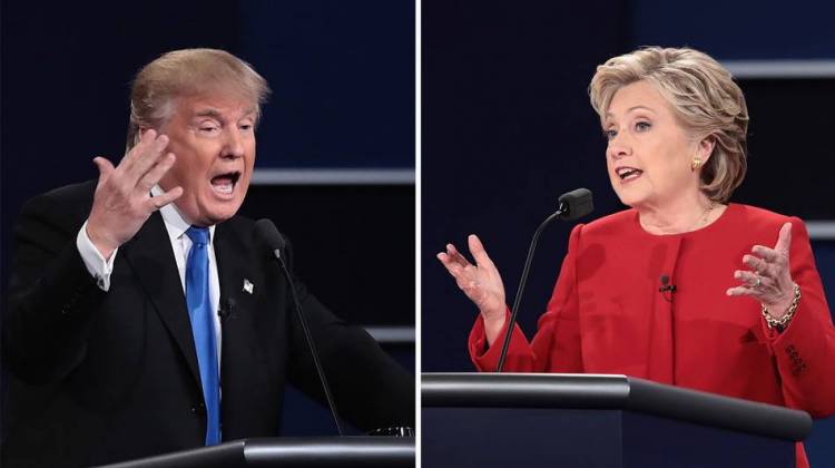 Left: Republican nominee Donald Trump speaks during the presidential debate at Hofstra University on Monday in Hempstead, N.Y. Right: Democratic nominee Hillary Clinton speaks during the debate.