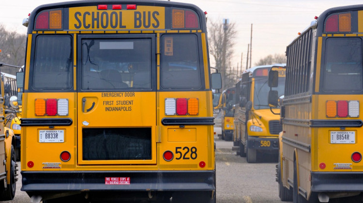 Empty school buses sit at the First Student, Inc. lot on Friday, March 22, 2024. - Enrique Saenz / Mirror Indy