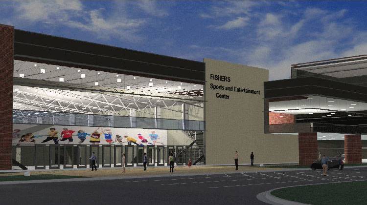 Rendering of the arena entrance and conference center of the proposed  Fishers Sports and Entertainment Complex. - Larrison & Associates Architects