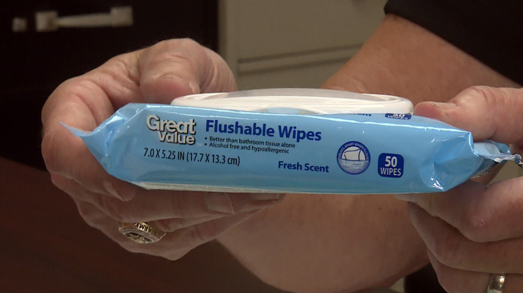 Bradley Fix holds up a package of so-called flushable wipes. He said that this brand of wipes was tested for flushability by wastewater professionals and did not pass.  - Rebecca Thiele/IPB News