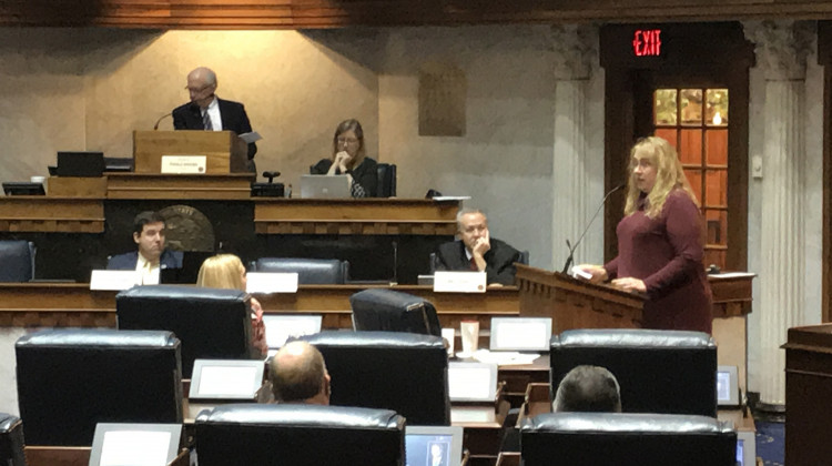 Indiana foster parent Heidi Curtis testifies before a Senate committee.  - Brandon Smith/IPB News