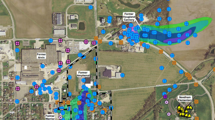 This map shows part of two plumes of contamination in the groundwater in Franklin — one near the Amphenol site and one near the old Hougland Tomato Cannery. - Courtesy of the Indiana Department of Environmental Management