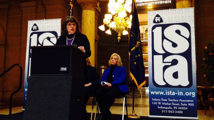 Indiana State Teachers Association President Teresa Meredith speaks at the Statehouse on Thursday, Jan. 8, 2015. - Eric Weddle/WFYI