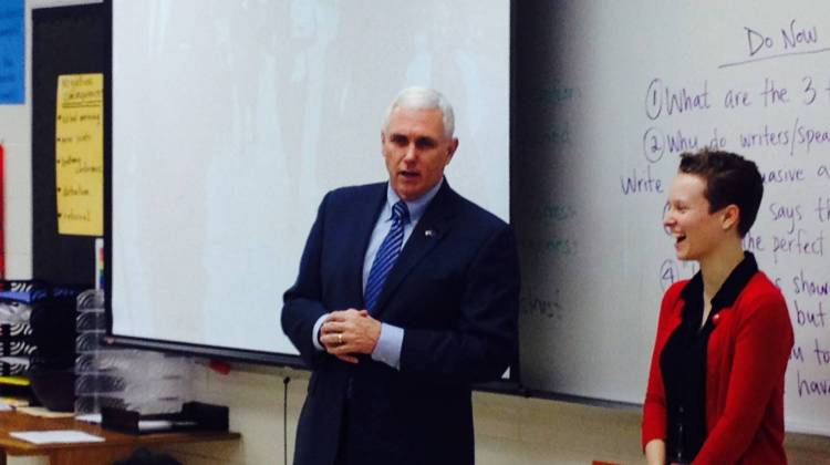 Gov. Mike Pence talks to a class at Arlington High School in Indianapolis, Thursday Jan. 22, 2015. - Eric Weddle/WFYI