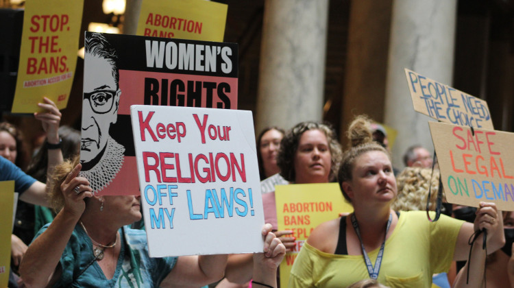 Hundreds of abortion rights protesters gathered at the Statehouse Monday afternoon as lawmakers begin meeting for a special legislative session to discuss abortion access.  - Ben Thorp/WFYI
