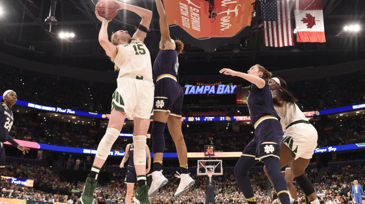 Lauren Cox (#15) of the Baylor Bears shoots over Brianna Turner (#11) of the Notre Dame Fighting Irish at Amalie Arena Sunday night in Tampa, Fla. - Ben Solomon/NCAA Photos via Getty Images