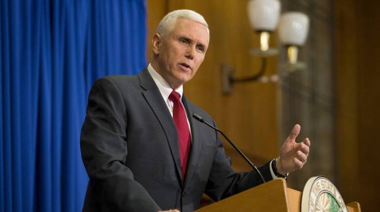 Then-Gov. Mike Pence of Indiana speaks at a press conference in 2015. Under Indiana law, public officials are allowed to use personal email accounts; the practice can help them avoid using official accounts to conduct political business. - Aaron P. Bernstein/Getty Images