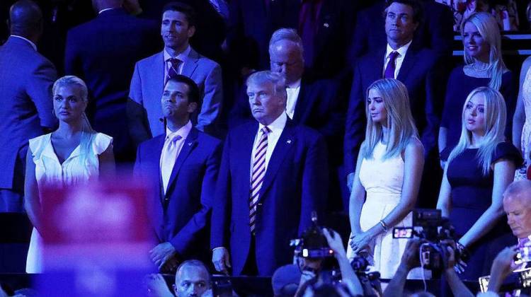 Vanessa Trump (from left), Donald Trump Jr., Republican presidential candidate Donald Trump, Ivanka Trump and Tiffany Trump stand following Sen. Ted Cruz's speech during the third day of the Republican National Convention.