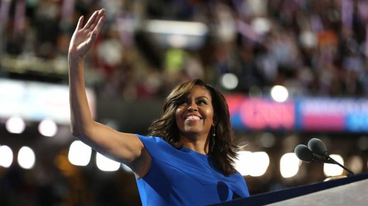 First lady Michelle Obama acknowledges the crowd before delivering her speech during the Democratic National Convention in Philadelphia on Monday.