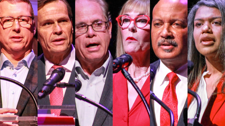 Indiana's six Republican candidates for governor in 2024 are, from left to right, Eric Doden, Brad Chambers, Mike Braun, Suzanne Crouch, Curtis Hill and Jamie Reitenour. - Brandon Smith / IPB News