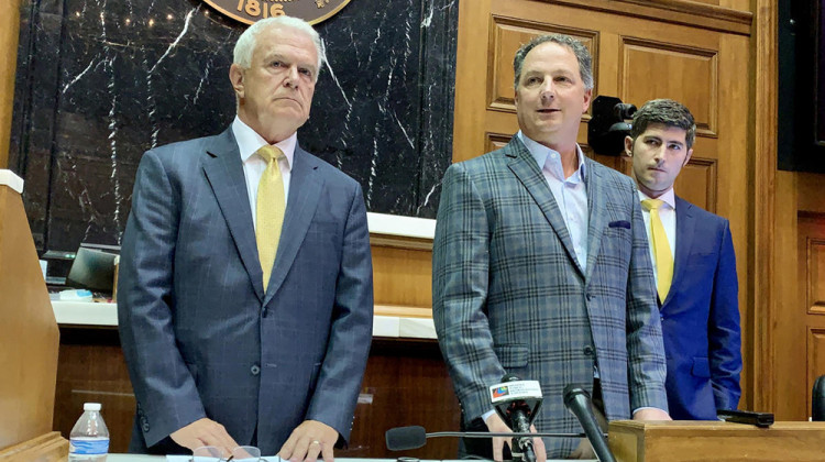 From left to right, Rep. Greg Steuerwald (R-Danville), House Speaker Todd Huston (R-Fishers) and Rep. Tim Wesco (R-Osceola) discuss the proposed Indiana House and Congressional district maps. - Brandon Smith/IPB News