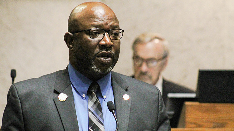 Sen. Greg Taylor (D-Indianapolis) speaks about an inflation relief bill on the floor of the Indiana Senate on July 30, 2022. He said lawmakers should send money directly to Hoosiers. - Brandon Smith/IPB News