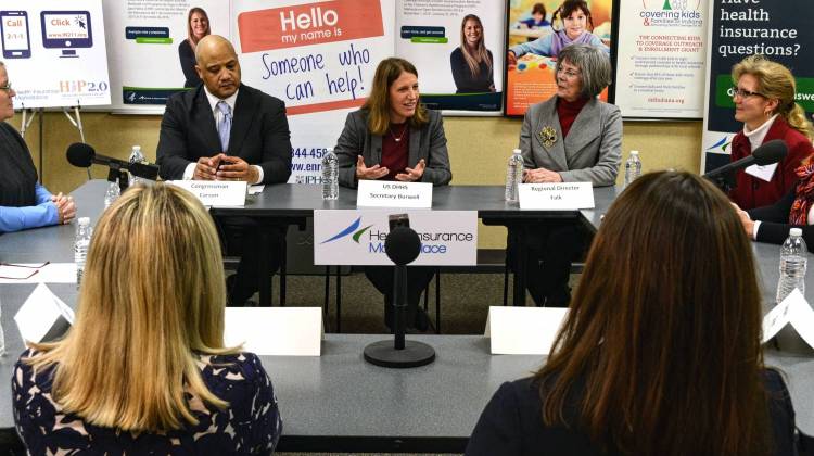 Health and Human Services secretary Sylvia Burwell, center, holds a roundtable talk on the Affordable Care Act at the United Way in Indianapolis. On the left is Rep. Andre Carson (D-Indianapolis) and right, Kathleen Folk.  - Ryan Delaney/WFYI