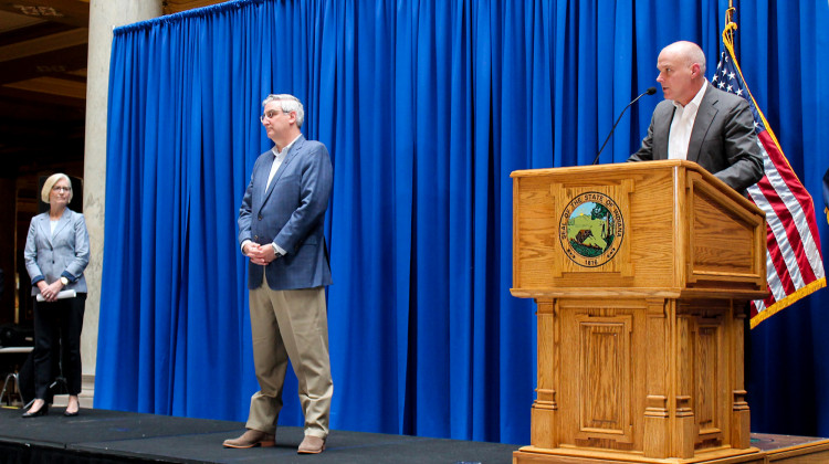 (Left to right) Health Commissioner Kris Box, Gov. Eric Holcomb and Department of Correction Commissioner Rob Carter provide updates on the state's response to the novel coronavirus. - Lauren Chapman/IPB News